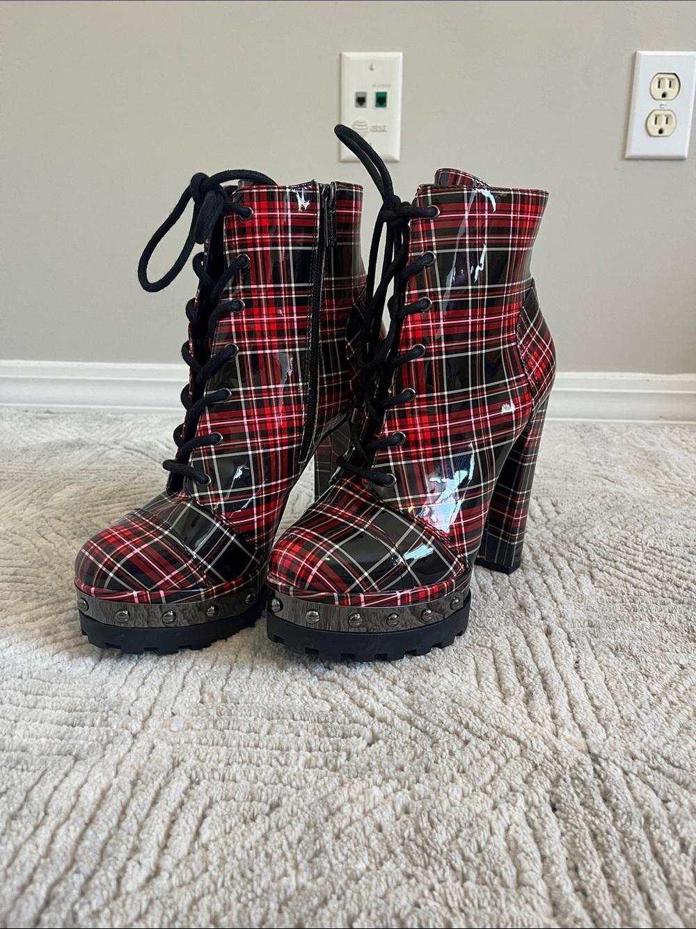Jessica Simpson Red and Black Plaid Lace-Up Platform Heel Boots